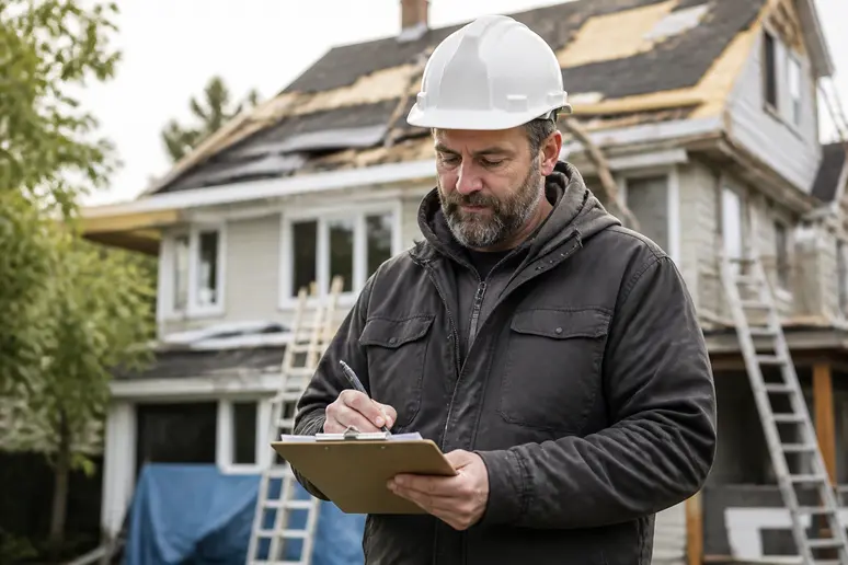 Artisan couvreur préparant un devis de réparation pour une toiture qui fuit.