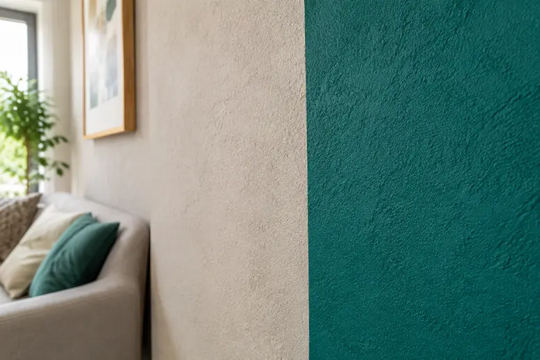 Échantillons d'enduit de coton mural comparant une teinte beige neutre et une couleur vive