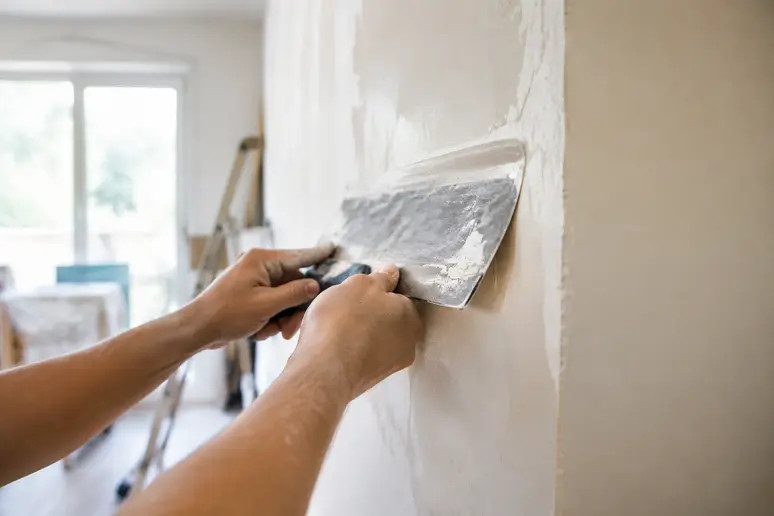 Artisan appliquant un enduit pour les murs à l'aide d'une large spatule sur une cloison intérieure