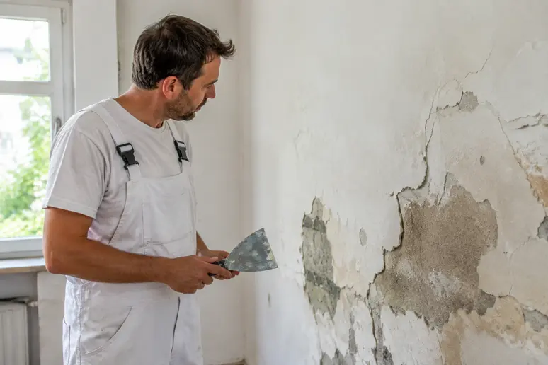 Professionnel évaluant l'état d'un mur abîmé avant d'appliquer un enduit pour les murs